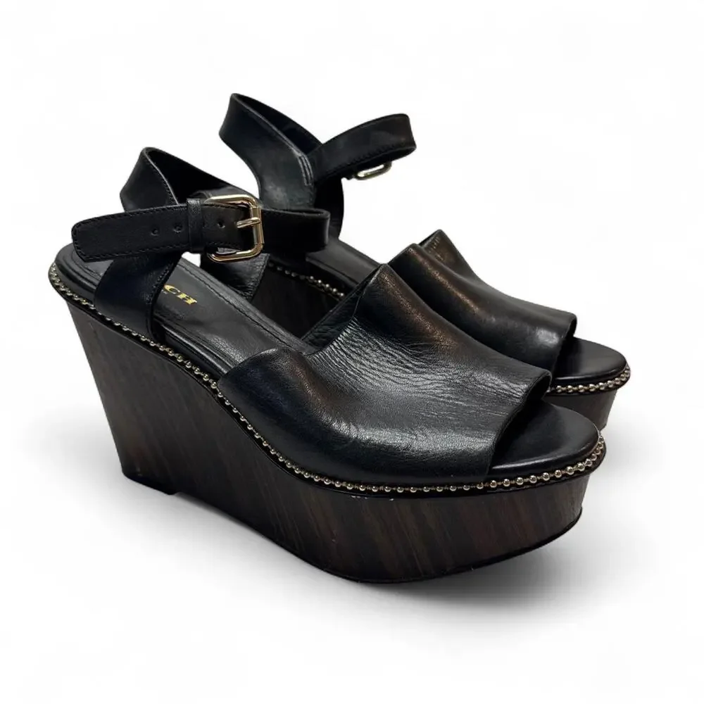Coach Black Leather Platform Wedge Sandals studded detail Gold Hardware size 6